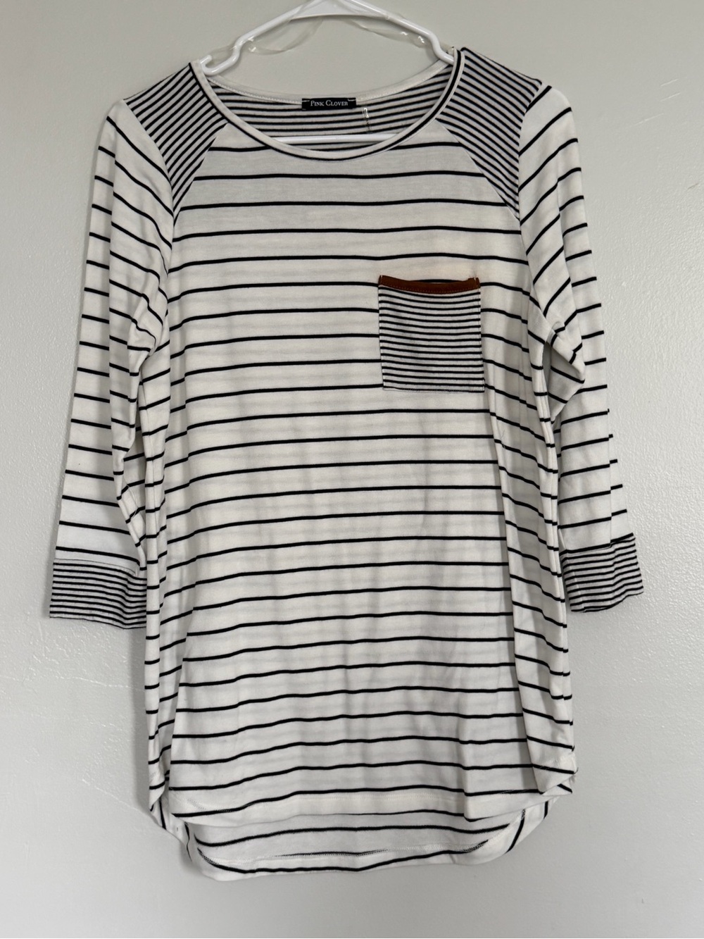 Pink Clover Black & White Striped 3/4 Sleeve Pocket Tee with Brown Trim